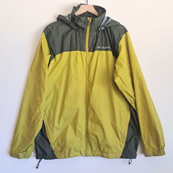 Columbia Men’s Large Waterproof Rain Jacket Hooded Shell Yellow Gray Raincoat - Picture 1 of 13